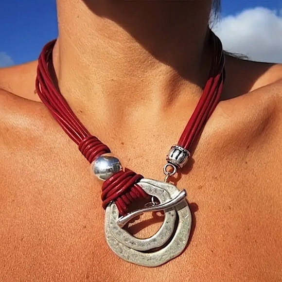 Jewelry - Bohemian Silver Hammered Statement Toggle Necklace, Tribal, Boho